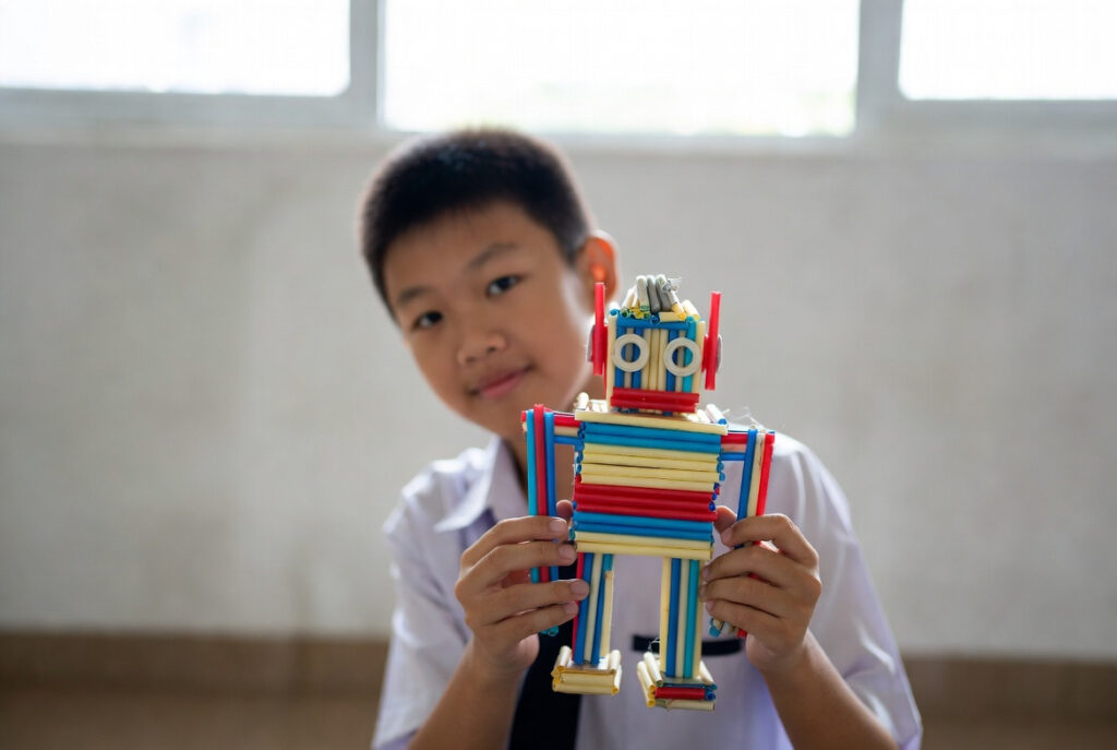 student holding robot made with straws
