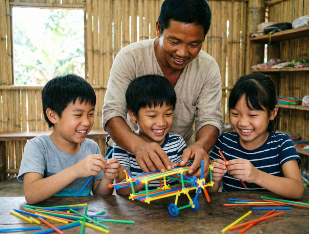 teacher and students use straws to make airplane
