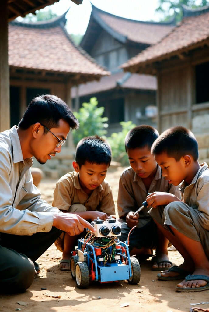village teacher with students
